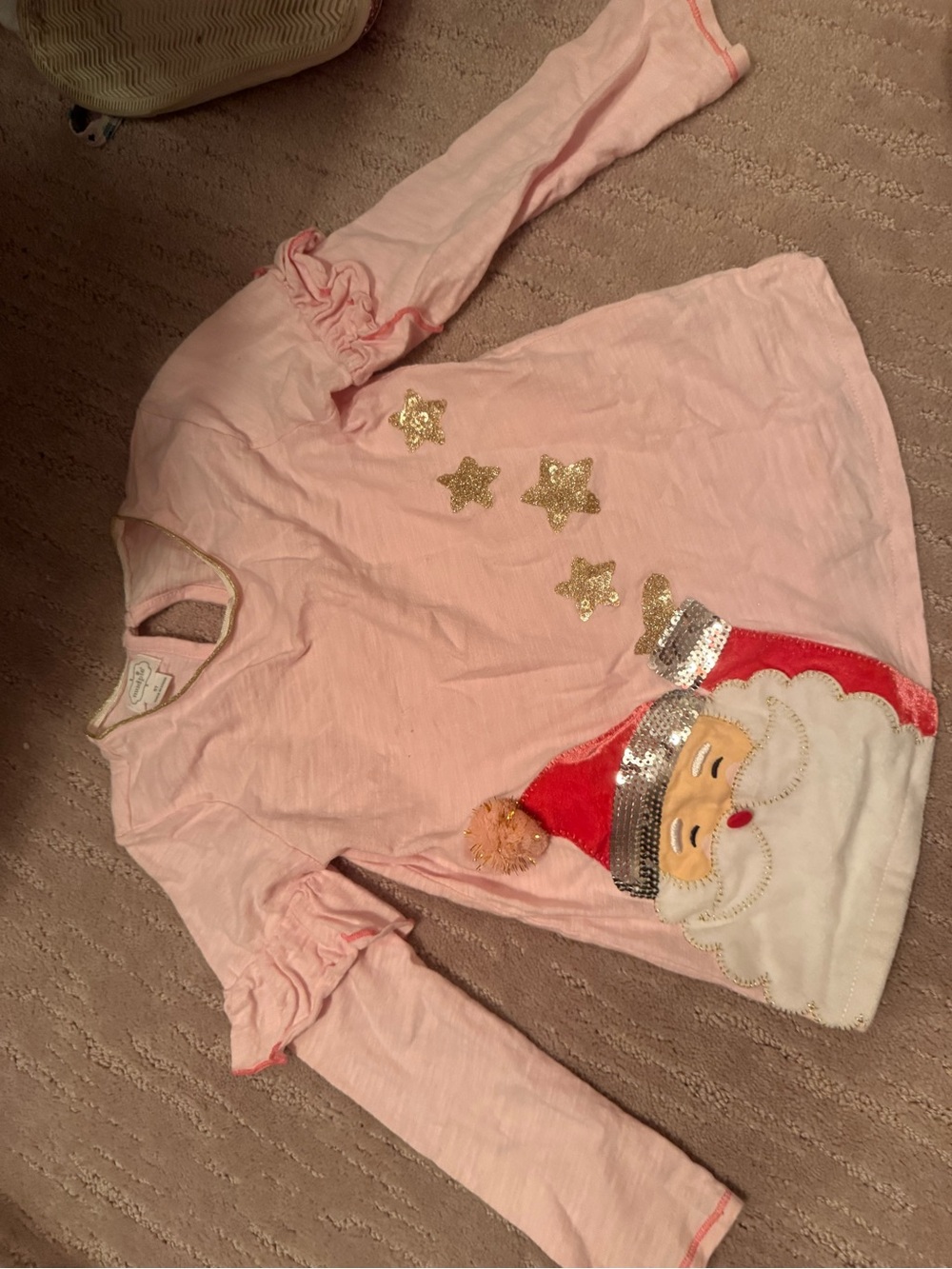 Mud Pie Pink Long Sleeve Girls Santa Tee with Gold Stars